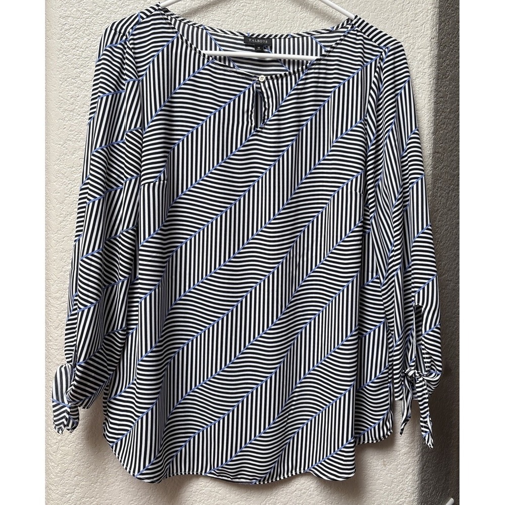 Talbots Herringbone Stripe Tie Sleeve Keyhole Neck Blouse Size Medium-Business
